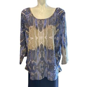 Snakeskin Print Top Blue Beige Patterned Long Sleeve‎ Scoop Neckline Blouse